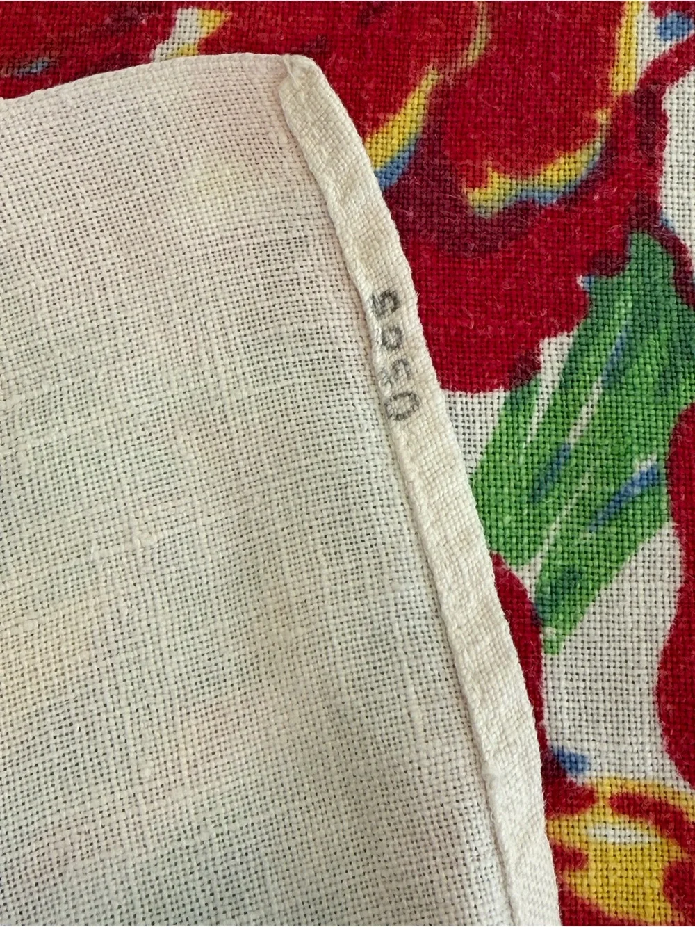 Vintage square mid century floral blue border tablecloth 48”x47” Rockabilly